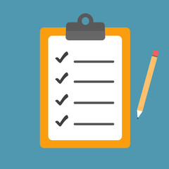 Checklist with pencil, flat design, vector illustration.