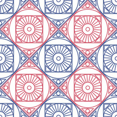 Seamless vector pattern. Symmetrical geometric background with red and blue rhombus and circles on the white backdrop. Decorative repeating ornament.