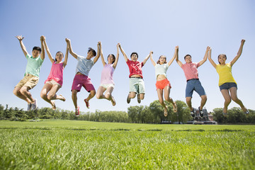 Cheerful young adults holding hands jumping on grass