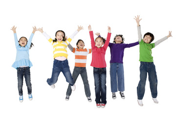 Obraz premium A group of young classmates jumping up in excitement