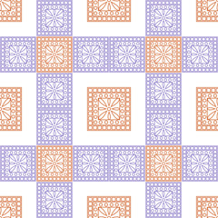 Seamless vector pattern. Symmetrical geometric background with violet and red squares on the white backdrop. Decorative ornament.
