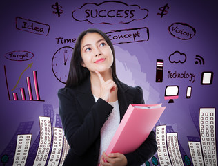 Fototapeta premium Asian woman thinking many ideas on business background.