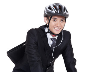 Happy young businessman with bike helmet
