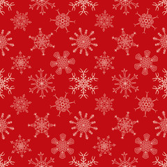 Seamless Christmas red pattern with drawn snowflakes
