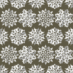 Naklejka na ściany i meble Origami snowflake seamless pattern. Christmas, New Year texture. Paper cut out white signs on gold, gray. Vector