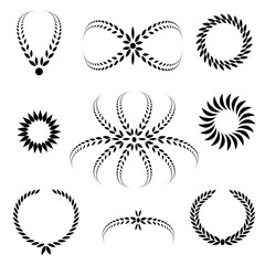 Laurel wreath tattoo set. Black abstract stylized ornaments, signs on white. Victory, peace, glory symbol. Vector