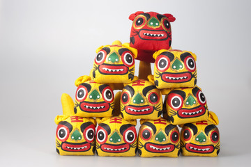 Chinese tiger stuffed animals in a pyramid