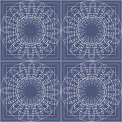 Seamless vector pattern. Symmetrical geometric background with circles on the blue backdrop. Decorative ornament.