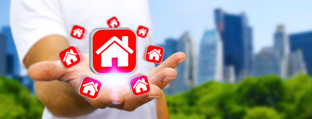 Businessman using modern mobile phone to rent a flat