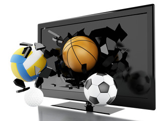 3d Sport balls breaking Tv screen.