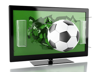 3d Tv screen with soccer field and ball.