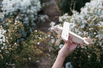 close-up of Hand holding a wooden airplane plane on white flower