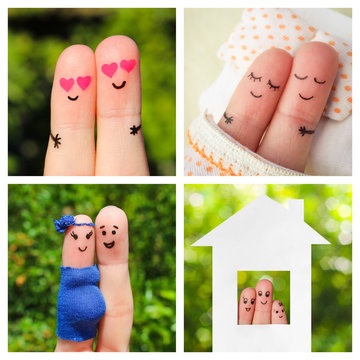 Collage Finger Art Of A Happy Couple. The Different Stages Of The Life Of A Couple: Dating, Love, Pregnancy, Birth Of A Child.