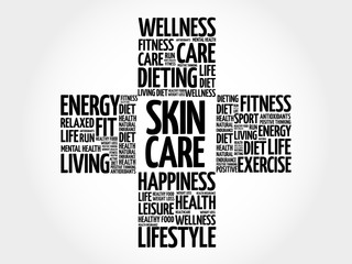 Skin care word cloud, health cross concept