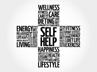 Self Help word cloud, health cross concept