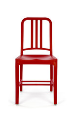 Red Plastic Chair on White Background, Front View