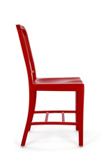 Red Plastic Chair on White Background, Side View