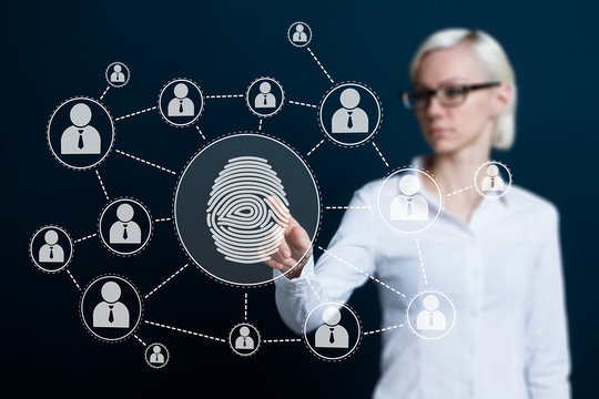 Business woman pressing modern technology web panel with fingerprint print