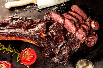 Sliced rare tomahawk beef steak