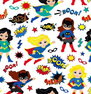 Seamless superhero girls background pattern in vector.