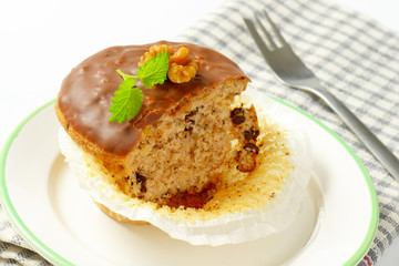 Chocolate glazed walnut muffin