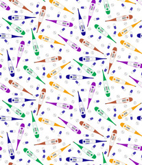 Vector seamless pattern of multi-colored thermometers and pills. Pills and electronic thermometers randomly scattered.