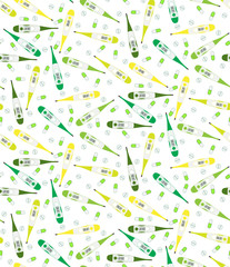 Vector seamless pattern of multi-colored thermometers and pills. Pills and electronic thermometers randomly scattered.