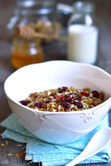 Homemade granola in a white bowl for a breakfast.