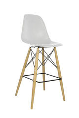 White Plastic Bar Stool with Wooden Legs on White Background, Three Quarter View