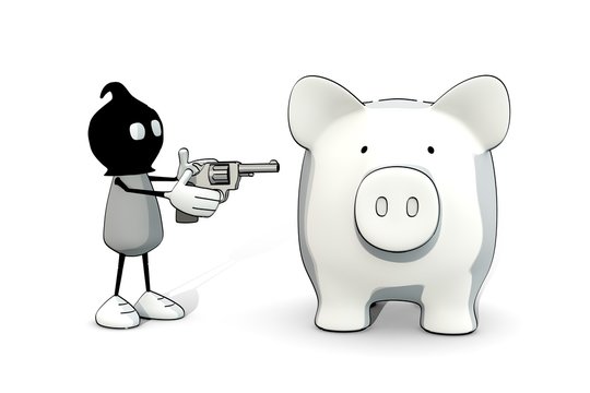 little sketchy man with stocking mask and gun robbing a piggy bank
