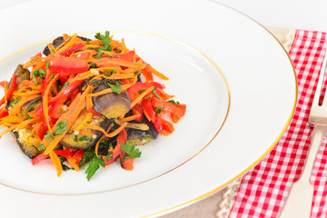 Diet and Healthy Food: Salad with Eggplant, Carrots.