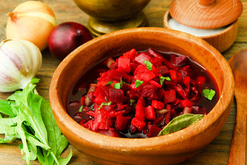 Healthy Food: Soup with Beets, Green Beans and Vegetables.