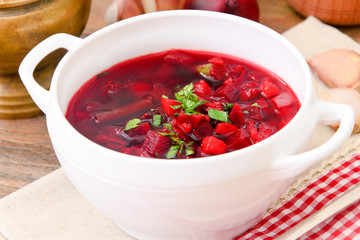 Healthy Food: Soup with Beets, Green Beans and Vegetables.