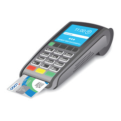 POS terminal with credit card on white background