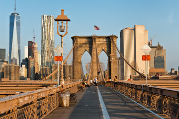Tourists and pedestrian on Brooklyn Bridge