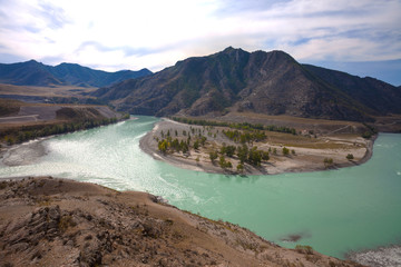 View of the confluence of the Chuya and Katun rivers, Katun valley, Altai Mountains, Russia