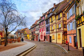 Fototapeta na wymiar Colorful half-timbered houses in medieval town Colmar, Alsace, France