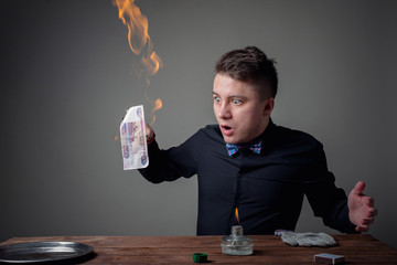 magician in chemical laboratory prepares magical solution