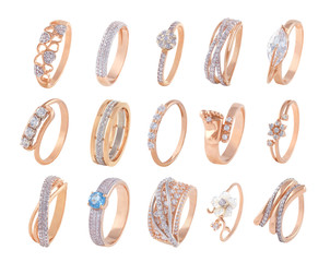 Set of golden rings with diamonds isolated on white background