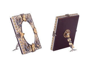 Luxury religious Gold and Silver vintage Frame set isolated on white background. Blank space. View from side. Back view. Easter celebration