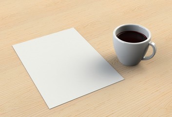 Blank paper and coffee cup on wood table