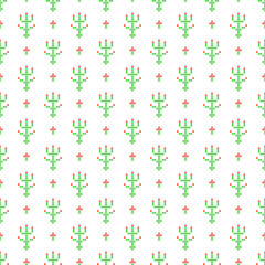Cross stitch seamless vector pattern. Red and green embroidery folk design. Floral plant thin subtle background.
