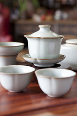 Close up of traditional Chinese tea set