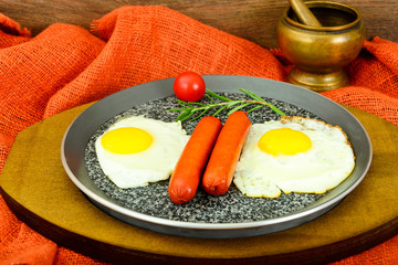 Fried eggs with fried sausages.