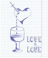 Valentine drawn on notebook sheet