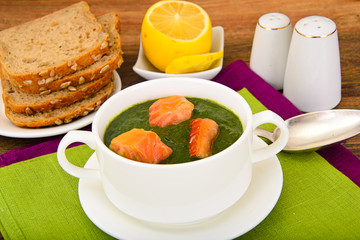 Mashed Spinach Soup with Salmon