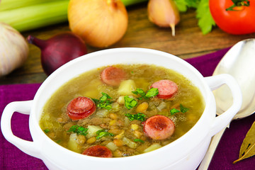 Healthy and Diet Food: Soup with Lentils, Celery and Sausage