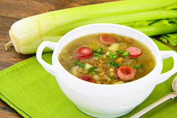 Healthy and Diet Food: Soup with Lentils, Celery and Sausage