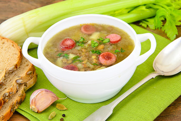 Healthy and Diet Food: Soup with Lentils, Celery and Sausage