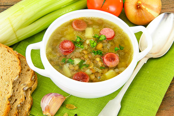 Healthy and Diet Food: Soup with Lentils, Celery and Sausage